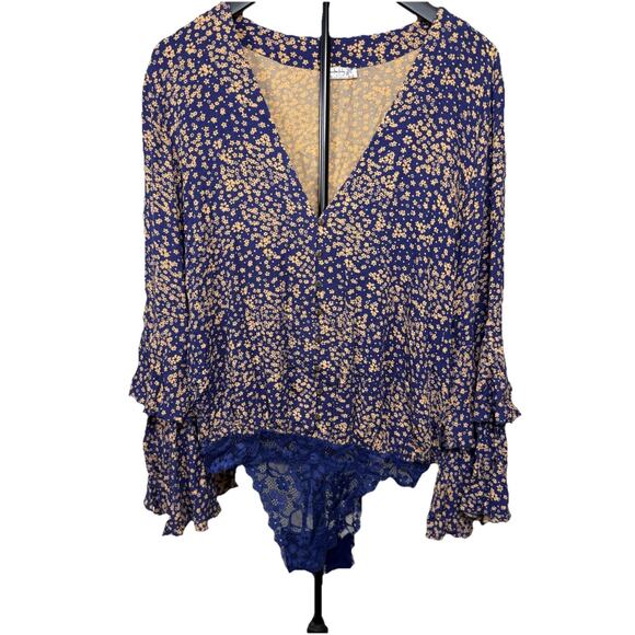 Free People Tops - Intimately Free People Bodysuit Women’s Sz M Dainty Blue Floral Blouse Boho Lace